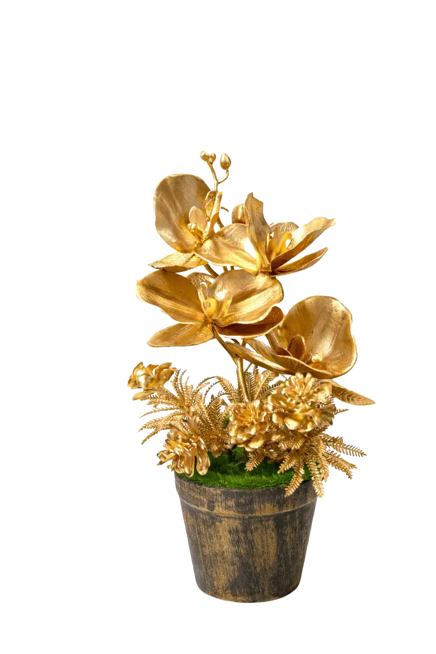 Artificial 25cm luxury gold orchid arrangement by Alton Flowers featuring vibrant, realistic orchids in a decorative display.