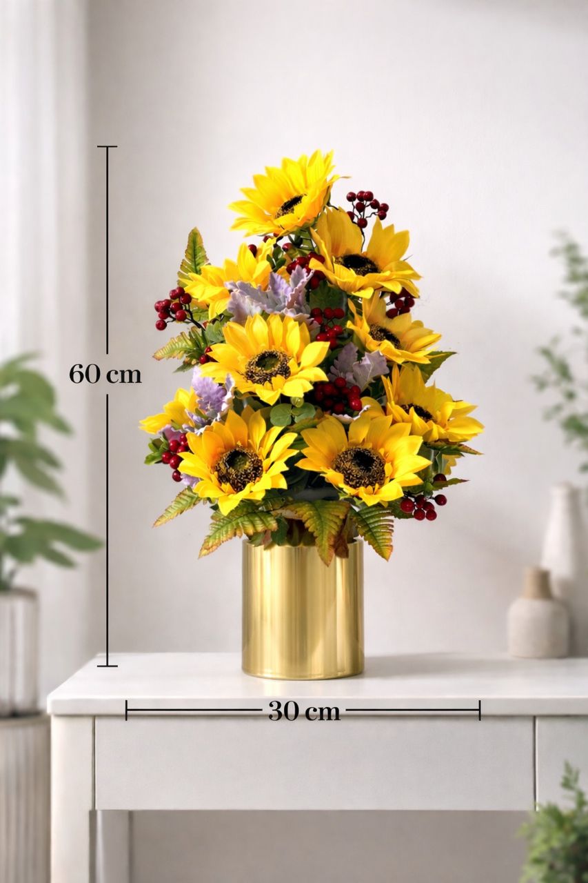 Artificial sunflower arrangement with nine vibrant yellow sunflowers by Alton Flowers, suitable for home or event decor.