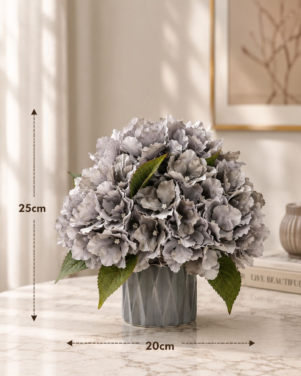 Artificial hydrangea flower in a pot by Alton Flowers, with grey pot and lush, realistic blooms for home decor.