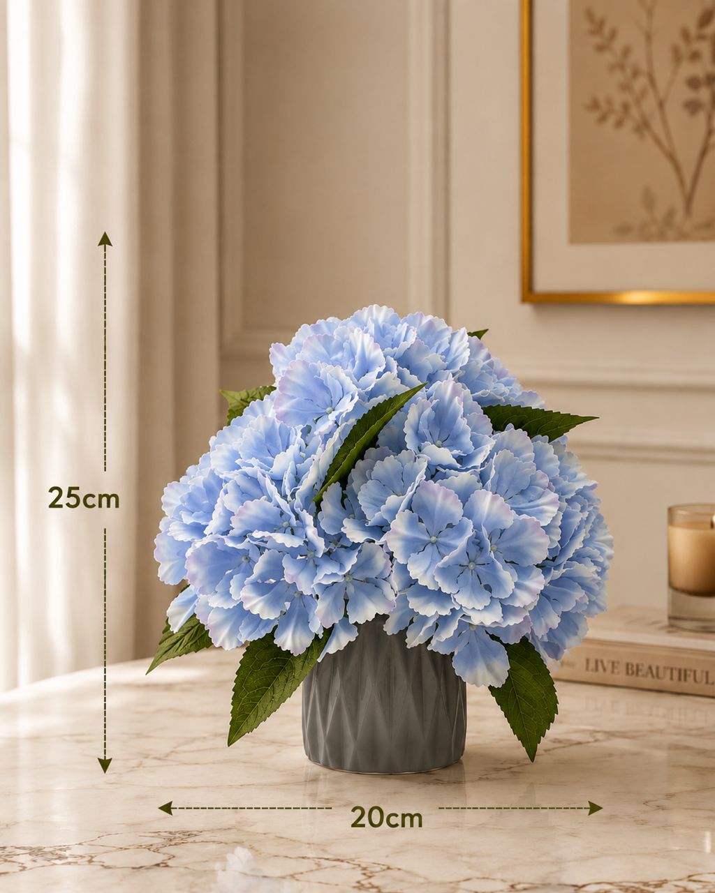 Sky blue artificial Hydrangea flower in a pot by Alton Flowers, showcasing realistic petal details and vibrant color.