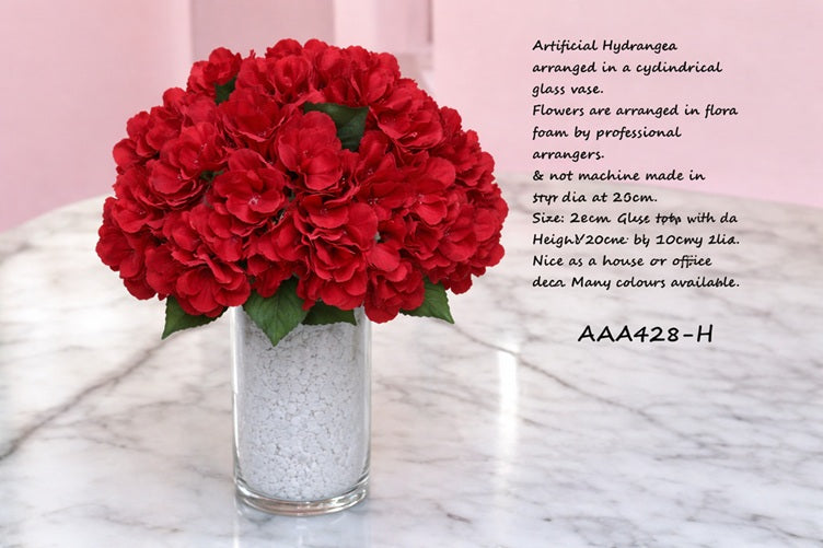 28cm Flower Artificial Hydrangea in a cyclindrial glass vase