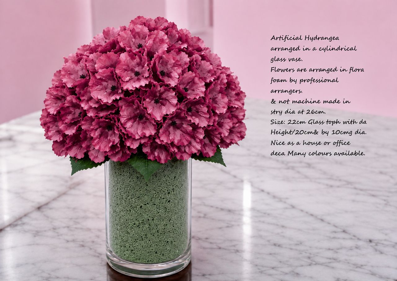 28cm Flower Artificial Hydrangea in a cyclindrial glass vase