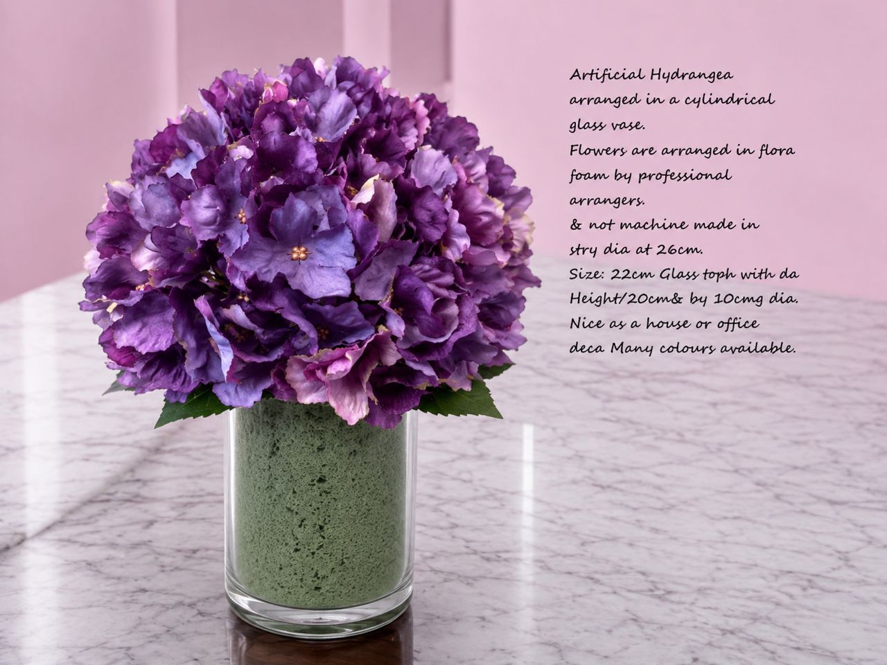 28cm Flower Artificial Hydrangea in a cyclindrial glass vase