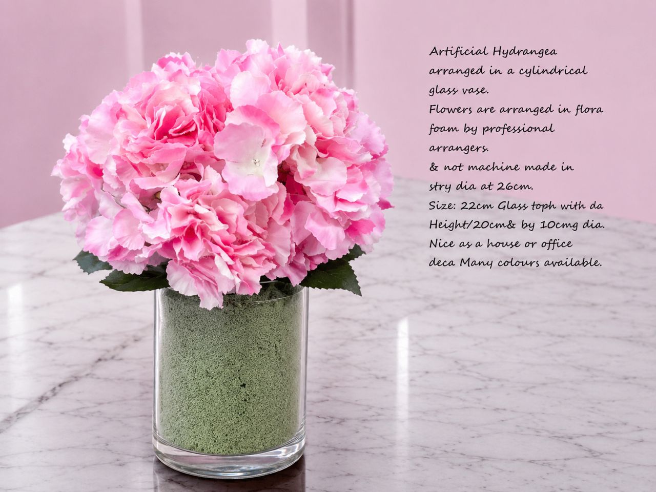 28cm Flower Artificial Hydrangea in a cyclindrial glass vase