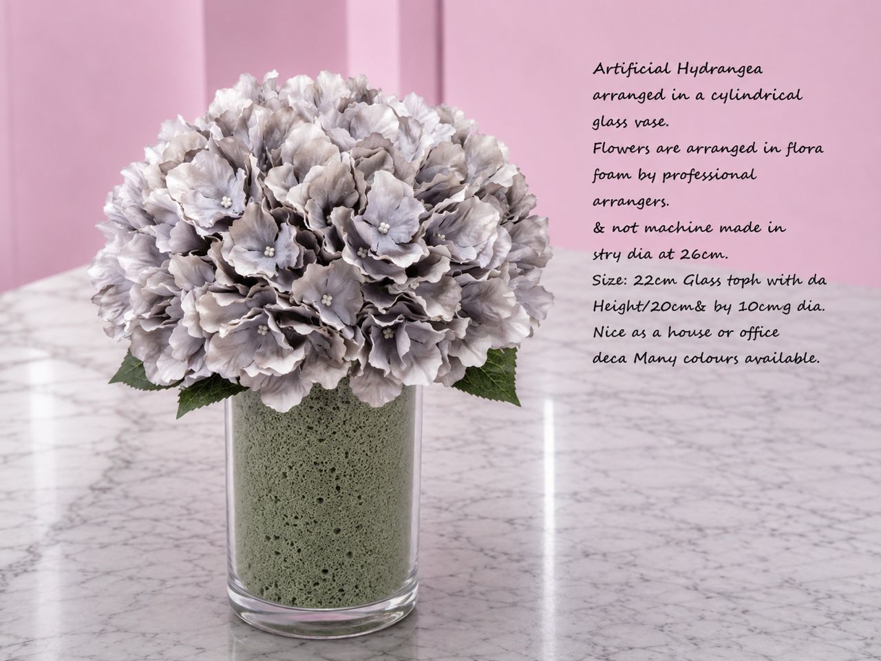 28cm Flower Artificial Hydrangea in a cyclindrial glass vase