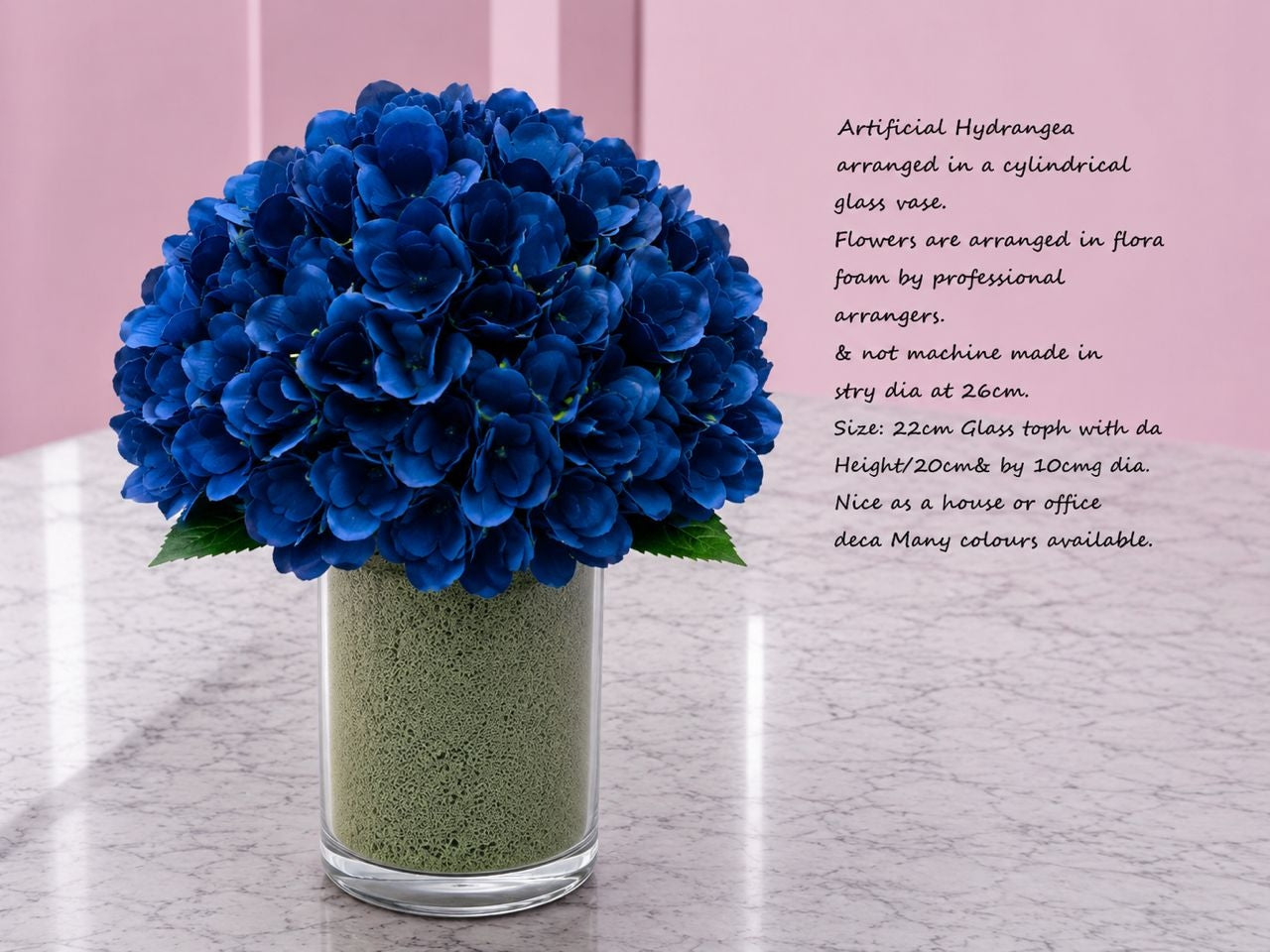 28cm Flower Artificial Hydrangea in a cyclindrial glass vase