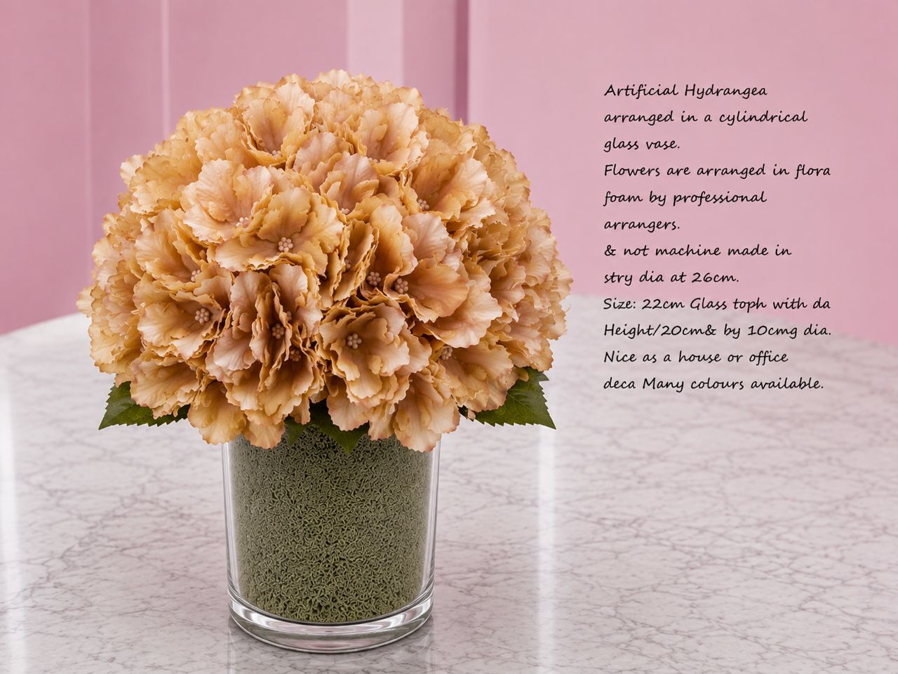 28cm Flower Artificial Hydrangea in a cyclindrial glass vase