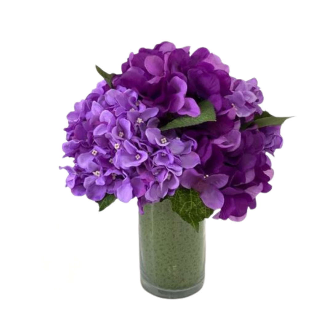 28cm Flower Artificial Hydrangea in a cyclindrial glass vase
