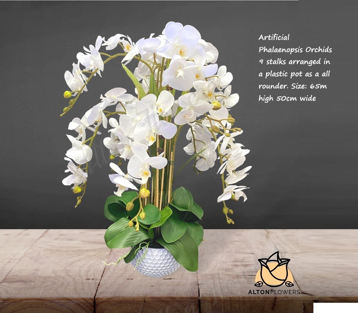 Artificial Phalaenopsis orchids arrangement in a plastic pot, white color, by Alton Flowers, showcasing realistic floral display.