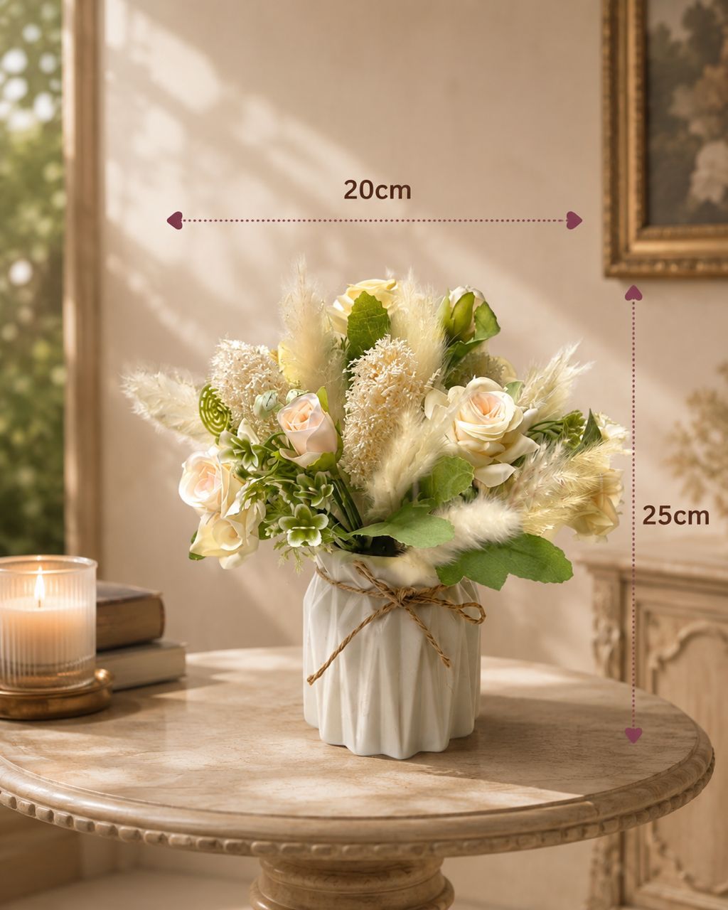 Alton Flowers faux flower arrangement in a ceramic vase with colorful artificial blooms and green foliage.