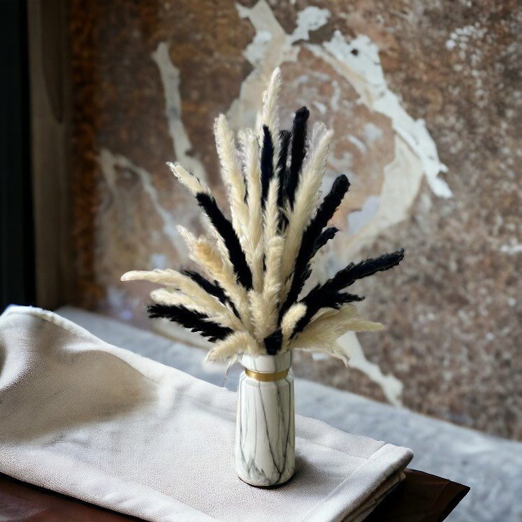 Marble Elegance: Dried Flower Arrangement with Black & Cream Mini Pampas in a Stylish Marble Pattern Ceramic Vase - Perfect for Office or Home Decor AAA571