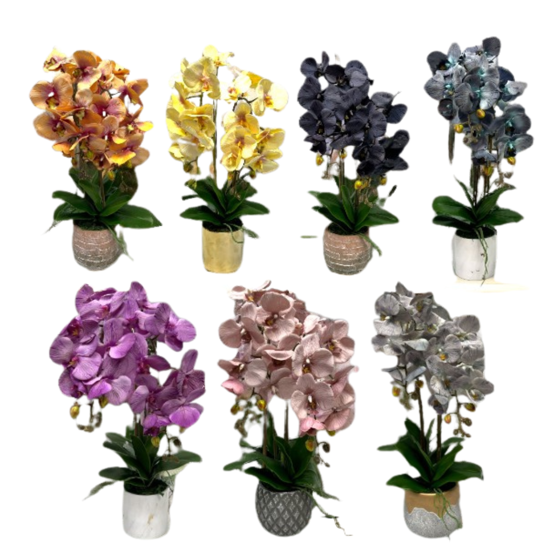 Artificial Phalaenopsis orchid set with two stalks in a ceramic pot, realistic floral arrangement by Alton Flowers.