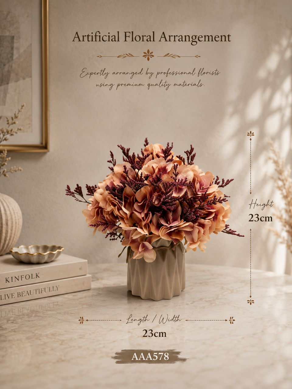 Artificial dried flower arrangement by Alton Flowers featuring natural-looking blooms for home decor and events.