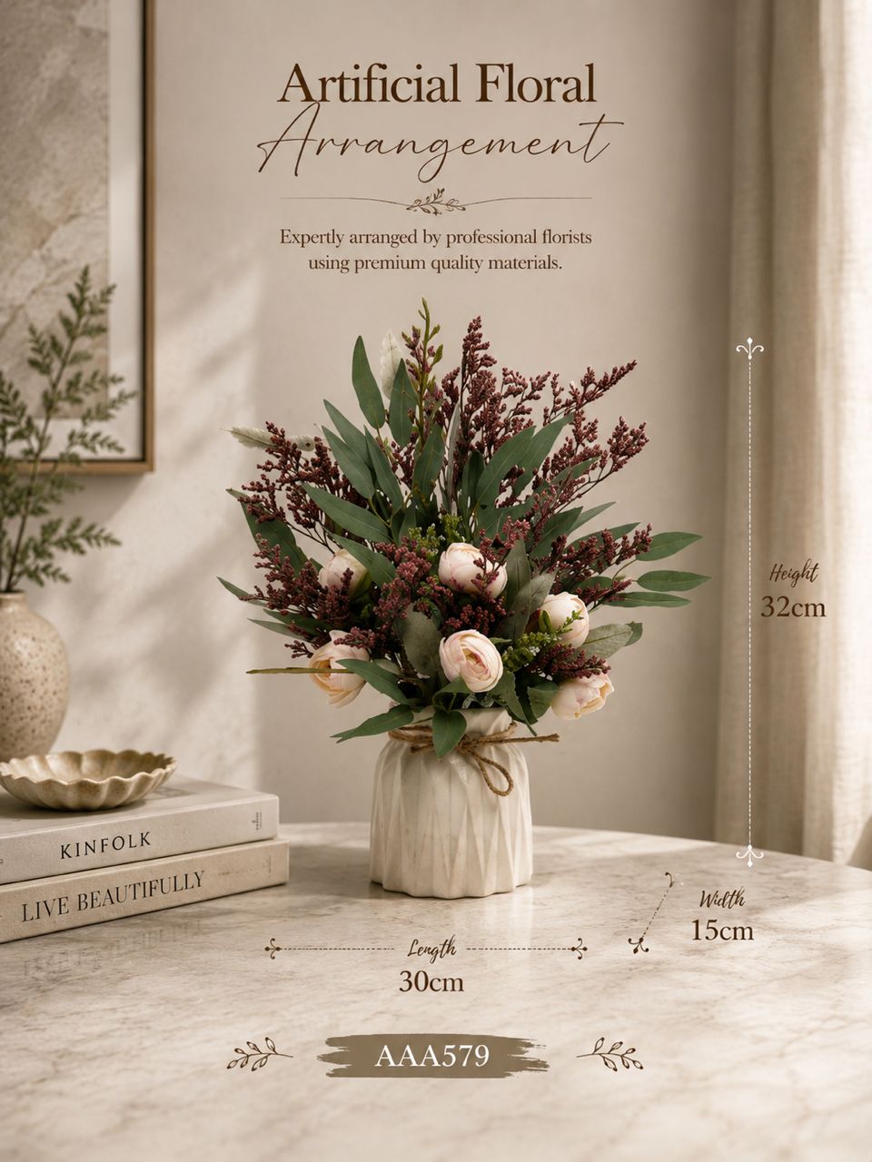 Artificial dried flower arrangement by Alton Flowers with natural-looking preserved flowers for home décor and events.