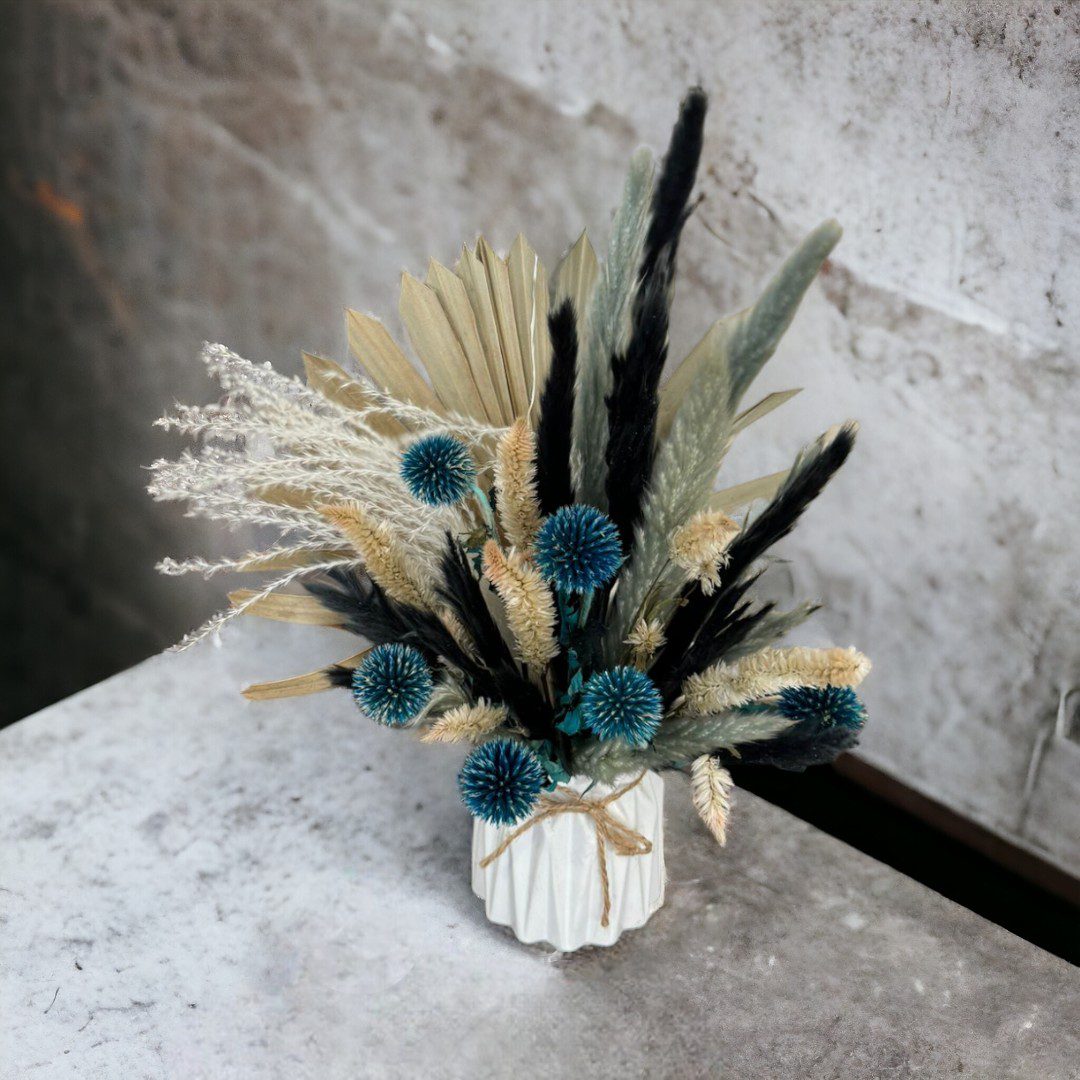 Echinops Pampas Dried Flowers Arrangement in Ceramic Pot AAA630