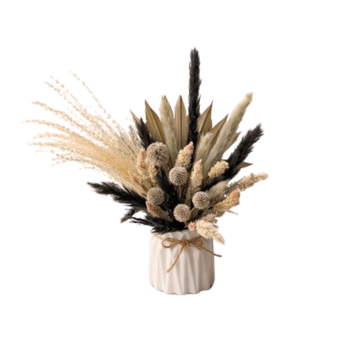 Echinops Pampas Dried Flowers Arrangement in Ceramic Pot AAA630