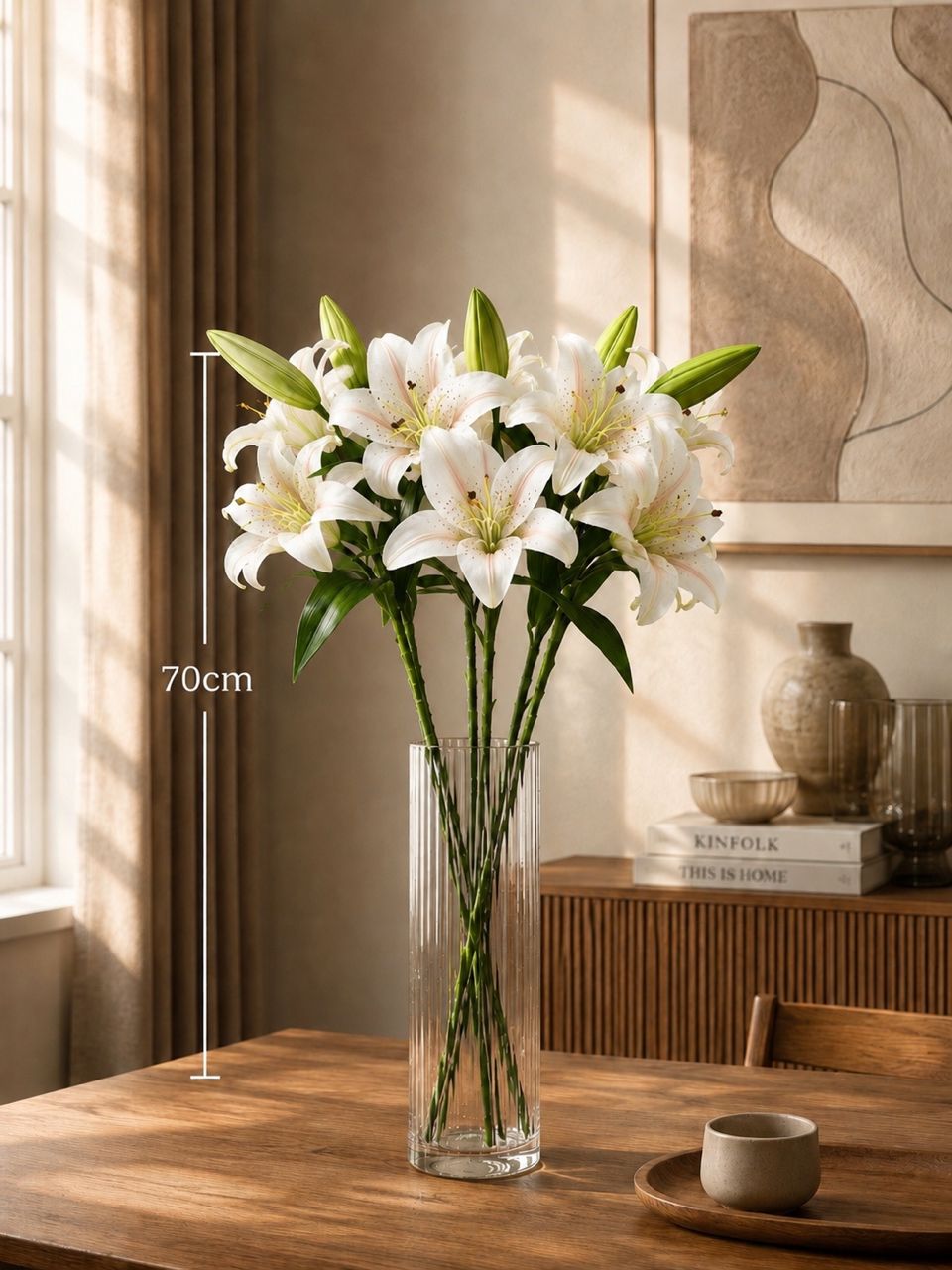 Alton Flowers glass vase with six artificial lily stalks, ideal for home decor, garden, or event decoration.