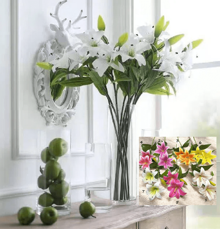 Glass Vase with 6 stalks of Artificial Lilys, home decor, garden, events. AAA648