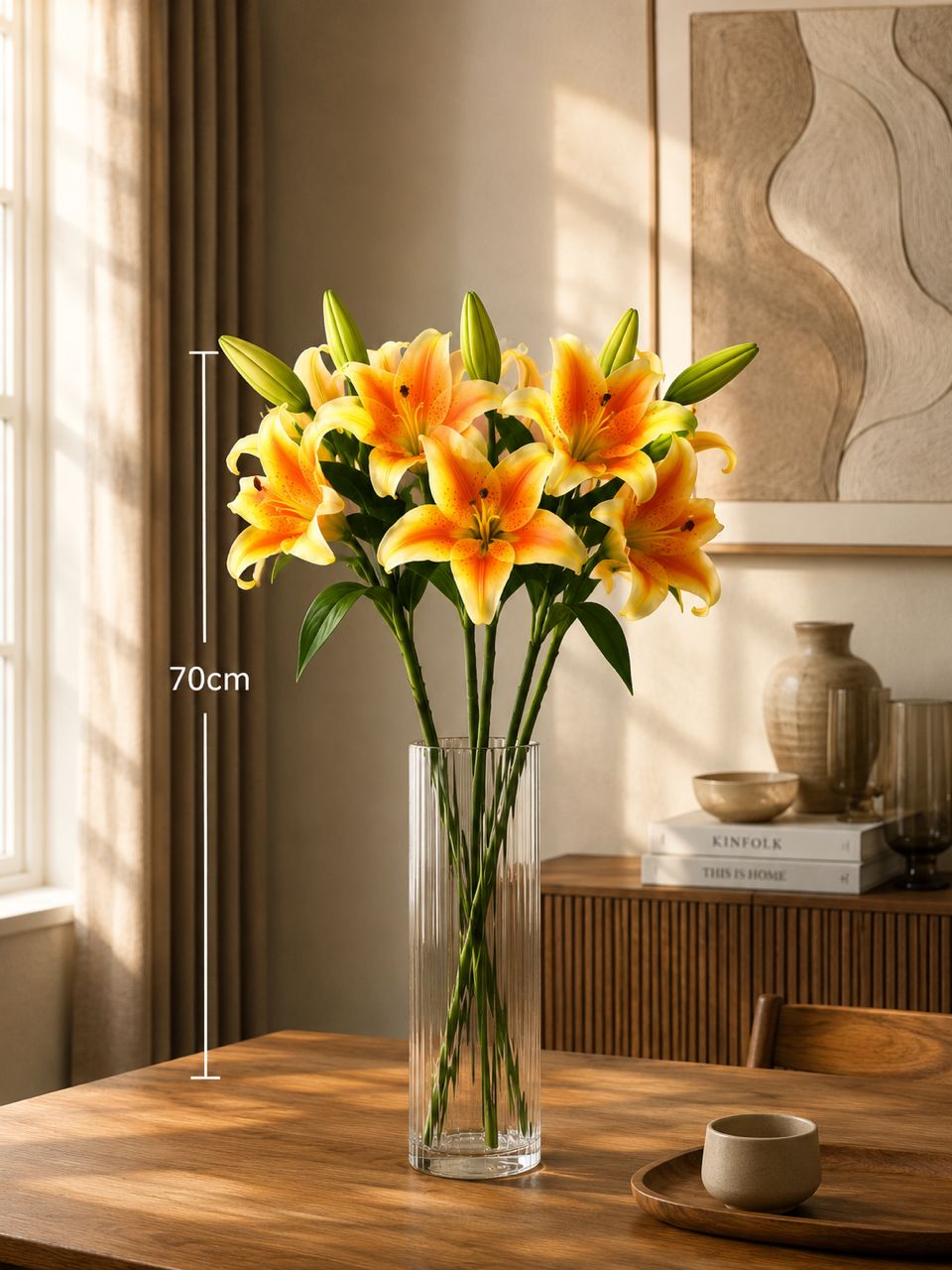 Glass vase with six artificial lily stalks, decorative home and garden floral arrangement by Alton Flowers.