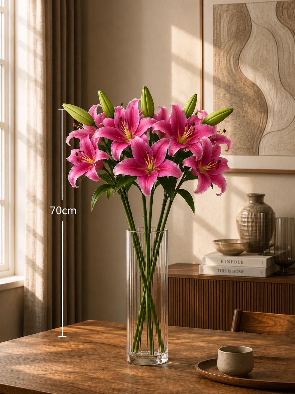 Pink glass vase with six artificial lilies for home decor, garden, or events by Alton Flowers.