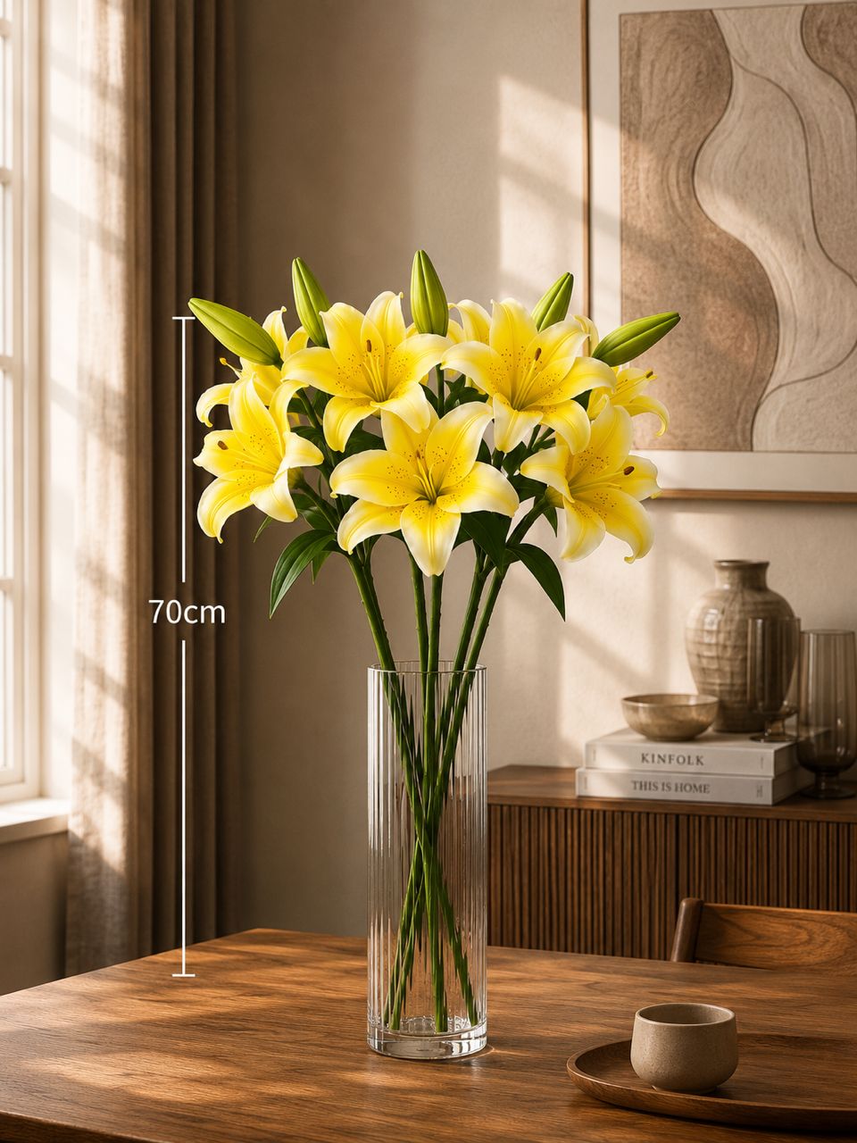 Glass vase with six yellow artificial lilies, decorative home and garden flower arrangement by Alton Flowers.