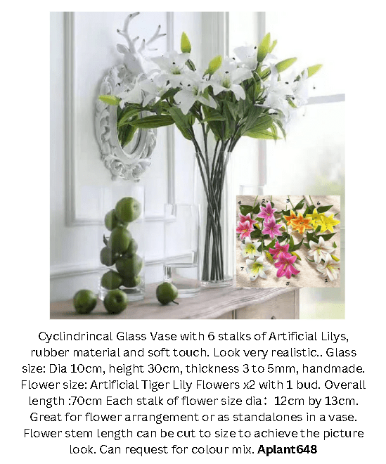 Glass Vase with 6 stalks of Artificial Lilys, home decor, garden, events. AAA648