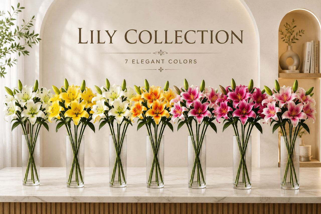 Alton Flowers glass vase with six artificial lily stalks for home decor, garden, or event decoration.