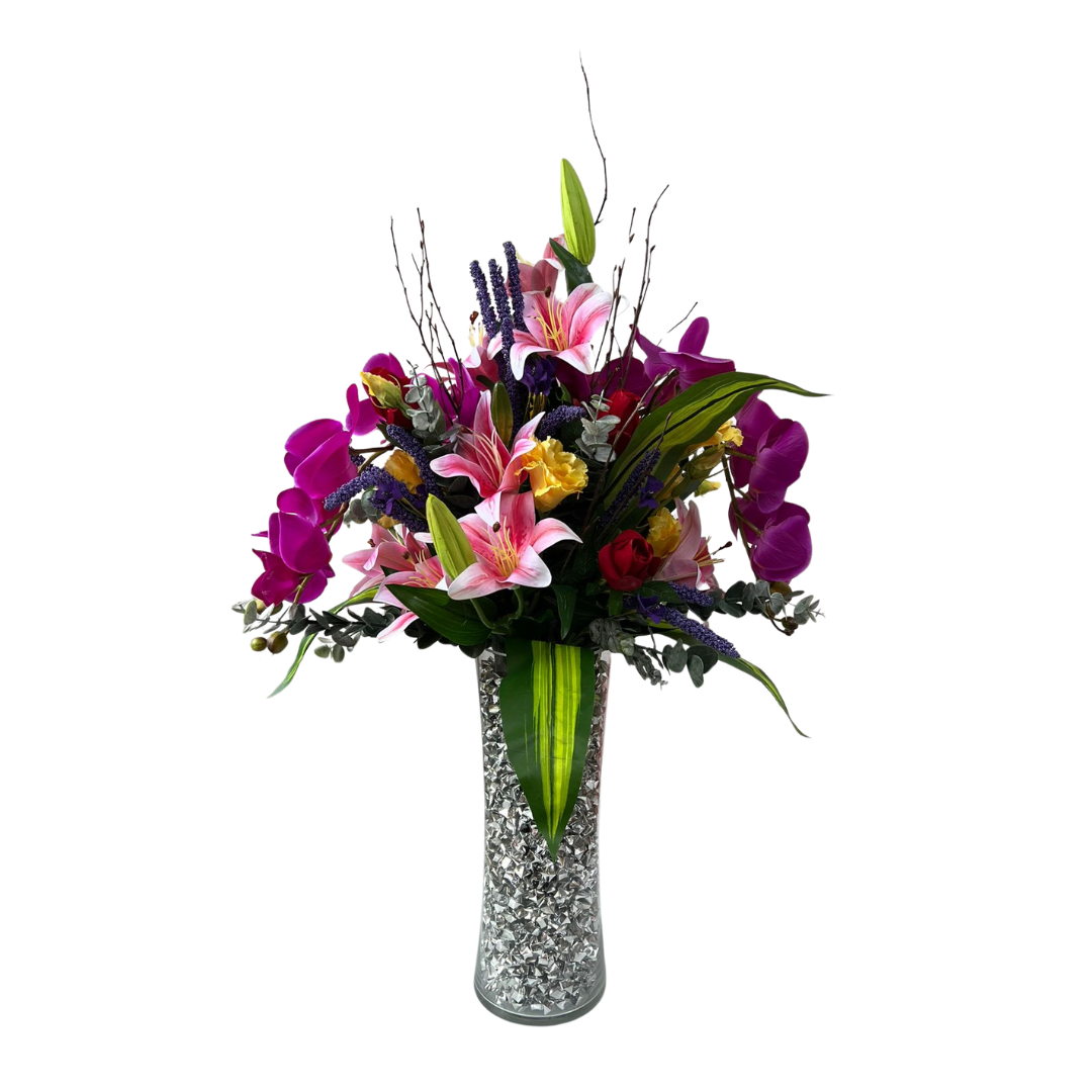 Artificial 120cm flower arrangement with lush leaves from Alton Flowers, ideal for home decor and event decoration.