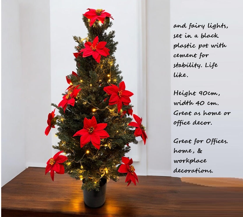 90cm Artificial Christmas Tree with Red Poinsettia Flowers and Fairy Lights AAA914