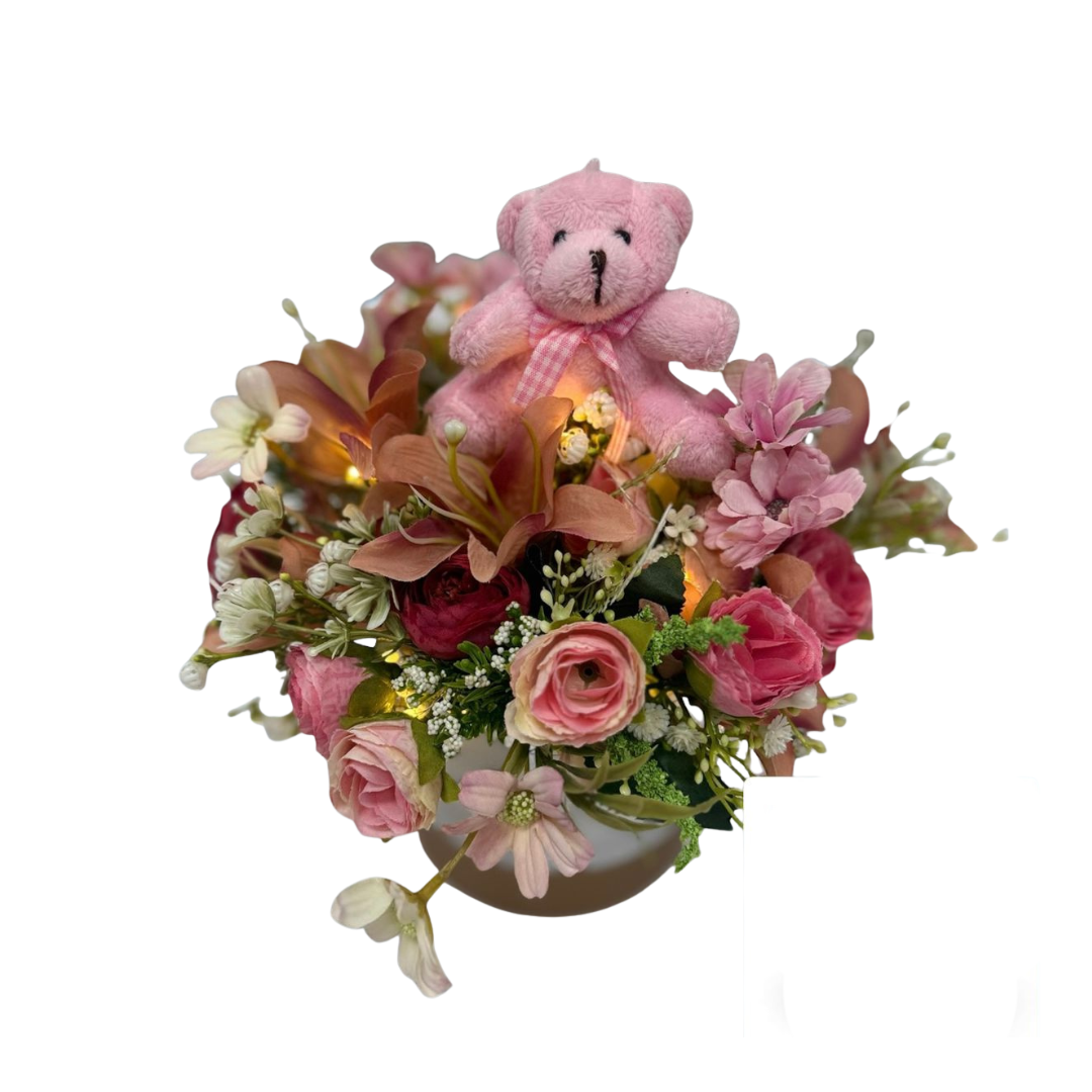 30cm Charming Pink Floral Arrangement with Teddy Bear and led warm light AAA916