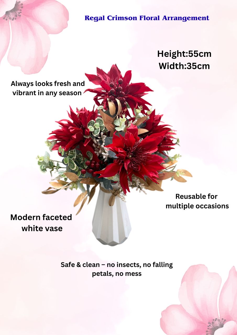 Floral arrangement with red flowers in a white vase on a light pink background