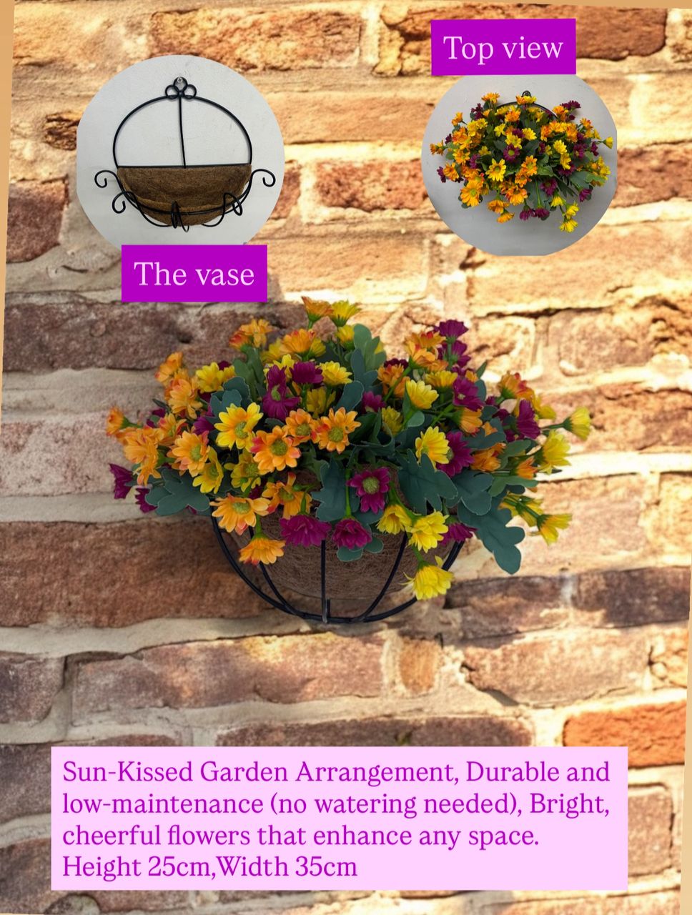 Decorative wall vase with colorful flowers against a brick wall.