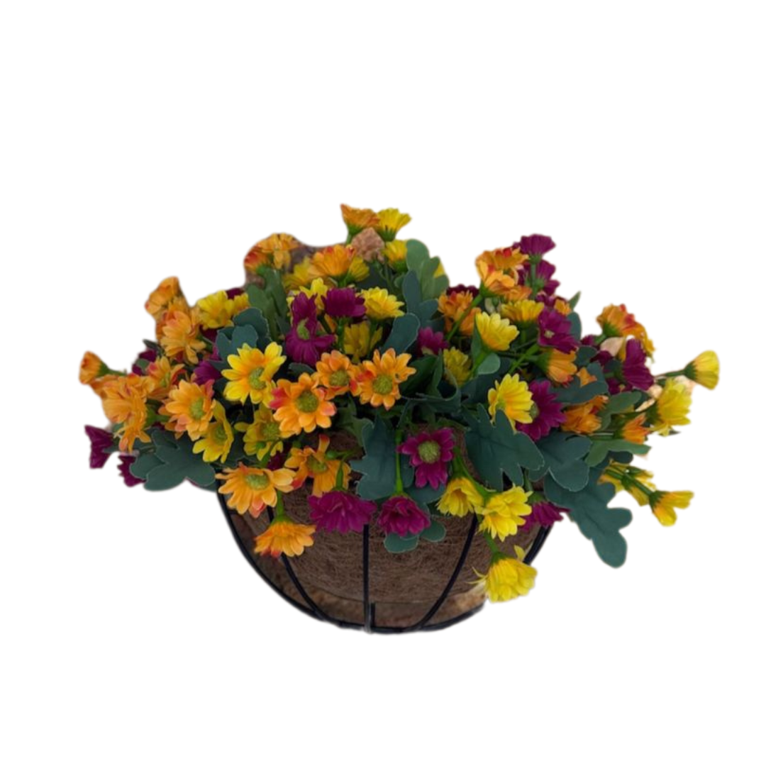 Basket of colorful flowers on a white background