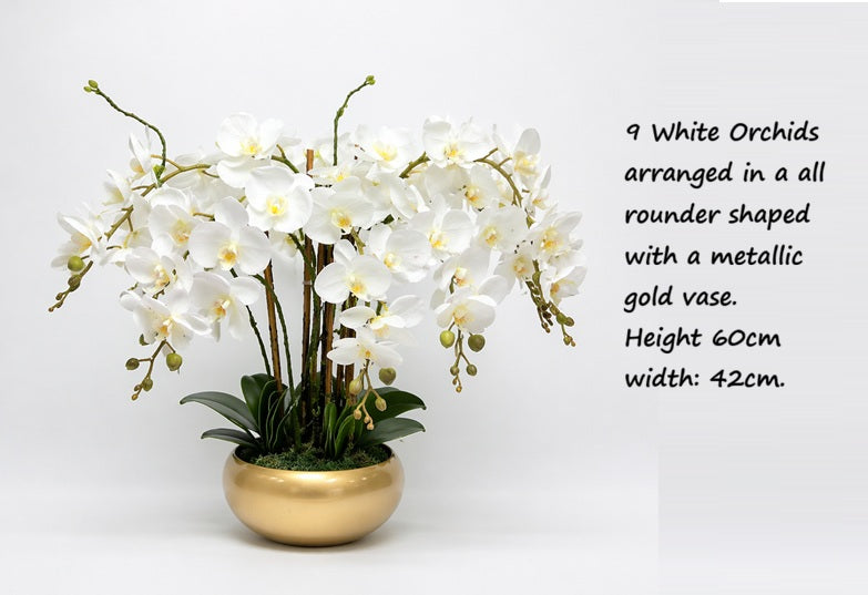 60cm White orchids arranged in a all rounder shaped with metallic gold vase AAA944-2