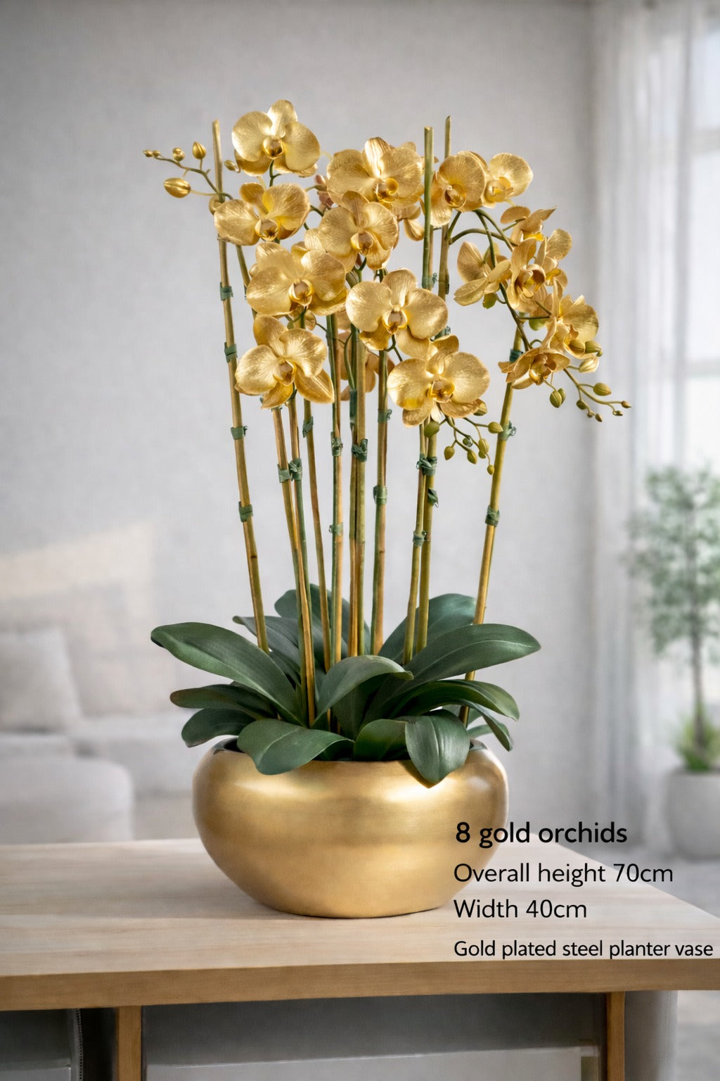 70cm Gold Orchids set in a gold plated steel planter vase AAA944