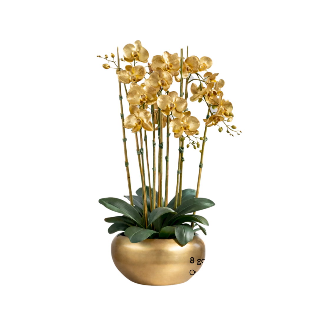 70cm Gold Orchids set in a gold plated steel planter vase AAA944