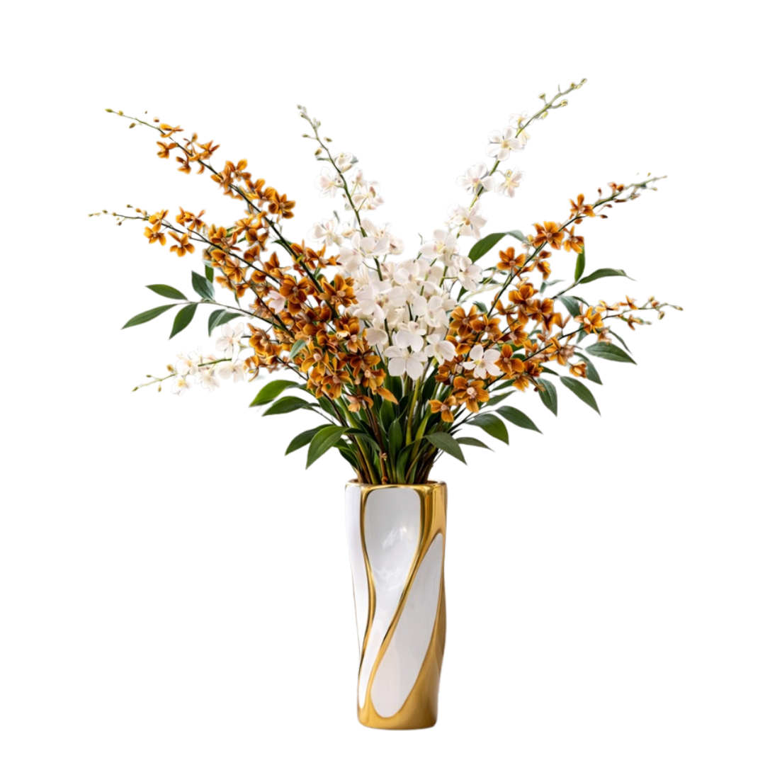 Artificial orchid flower arrangement by Alton Flowers with white and brown faux orchid blooms in a decorative display.