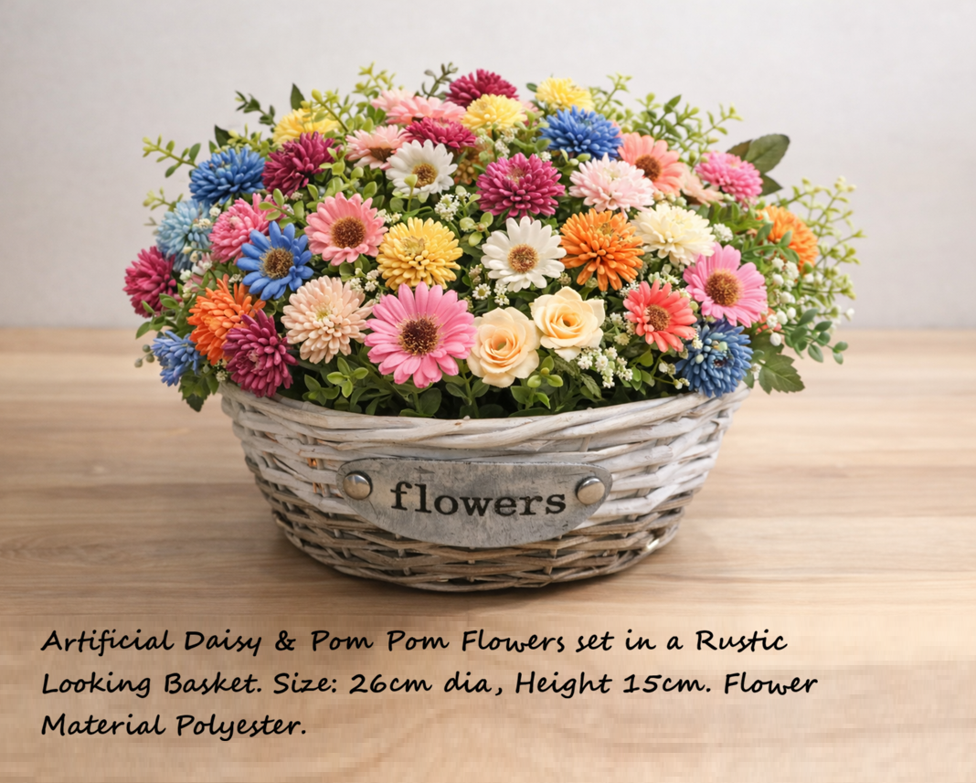 15cm Artificial Daisy & Pom Pom Flowers set in a Rustic Looking Basket | flower arrangement | flora basket, home decor AAA950