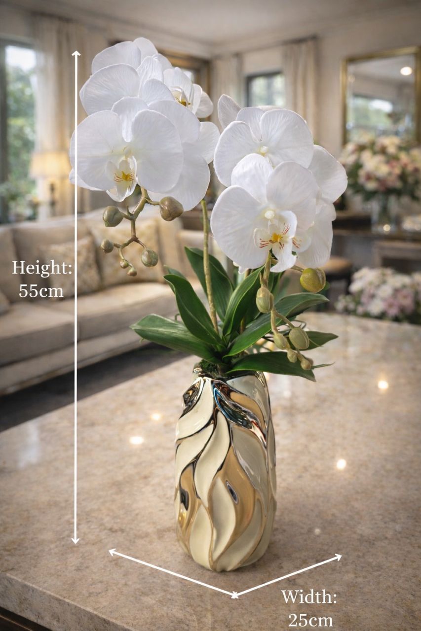 55cm Artificial White Orchid in Metallic Ceramic Vase AAA951 - Alton Flowers