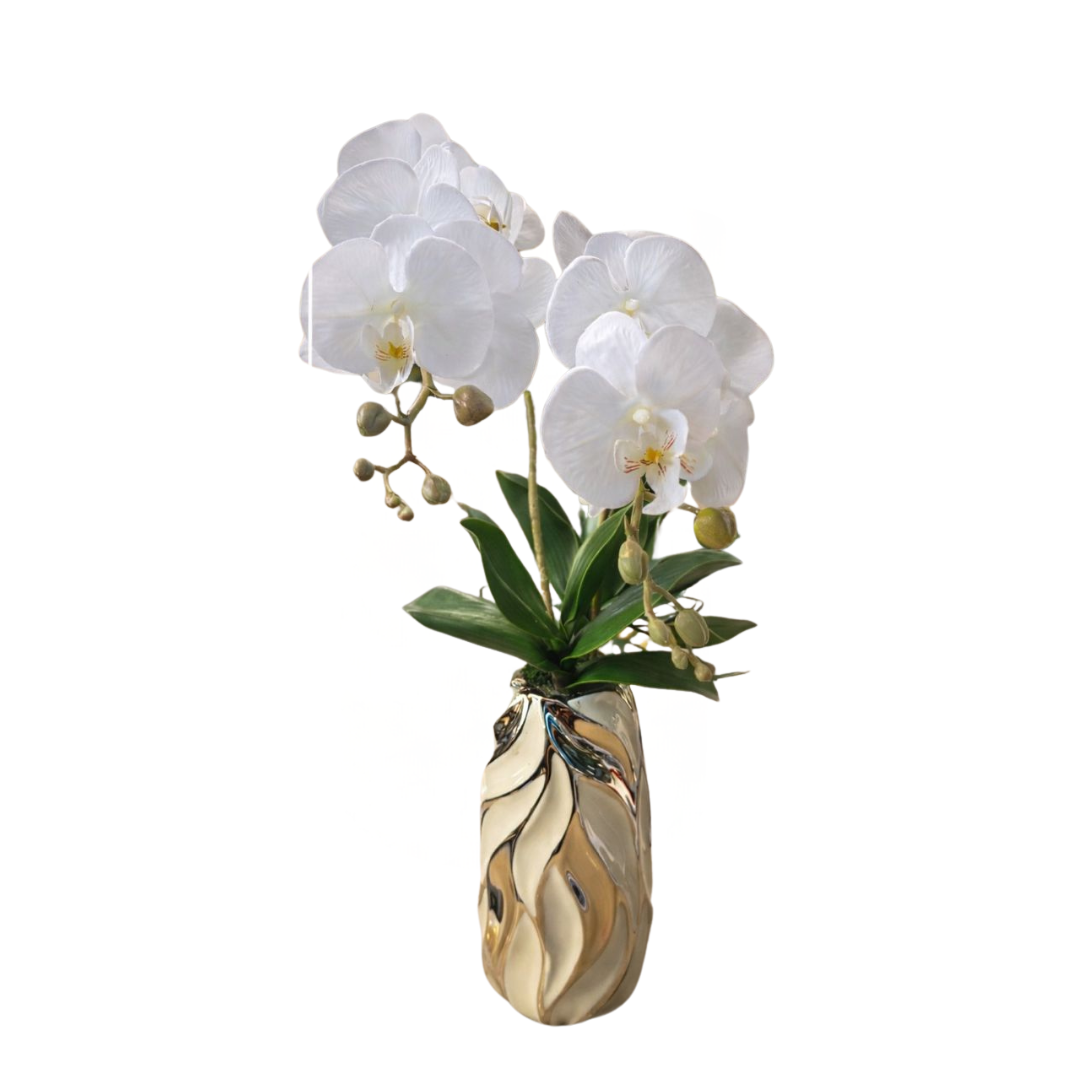 55cm Artificial White Orchid in Metallic Ceramic Vase AAA951 - Alton Flowers