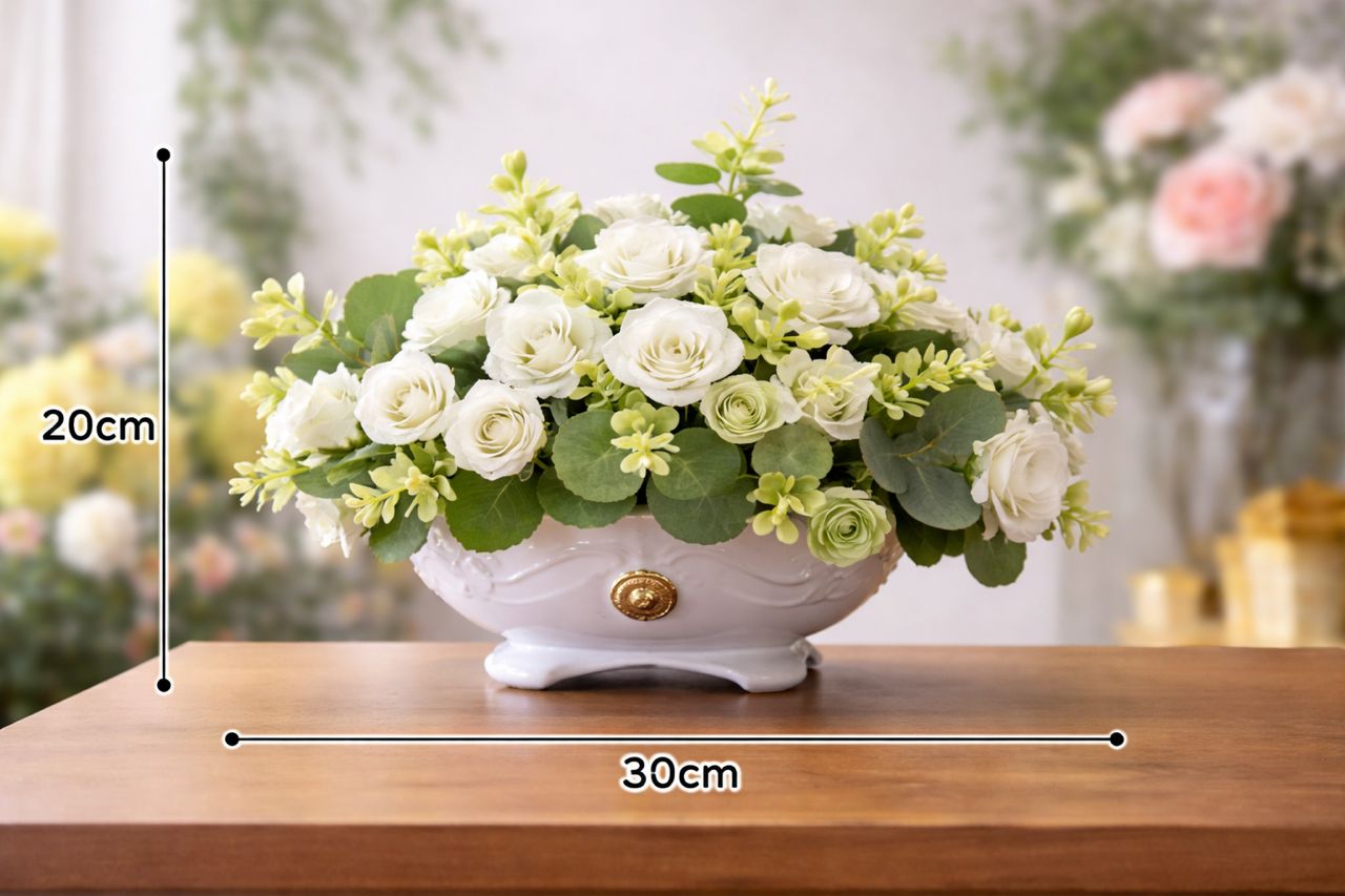 20cm artificial flower arrangement in a classic ceramic vase by Alton Flowers, featuring colorful faux blooms and greenery.