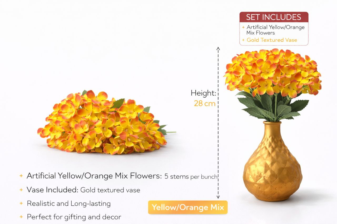 28cm Flower arrangement in a Gold textured vase, home decor, garden, events
