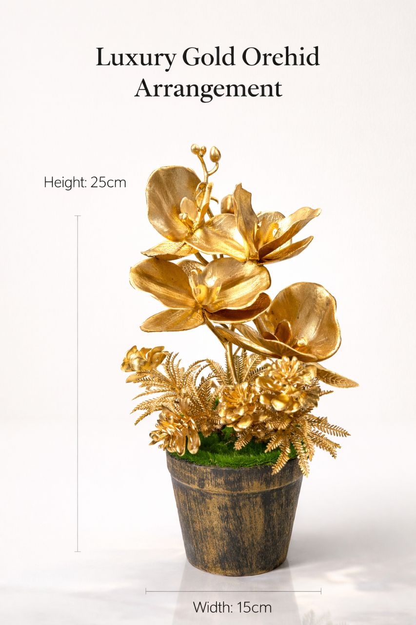 Artificial 25cm luxury gold orchid arrangement by Alton Flowers, featuring detailed gold-colored orchid flowers.