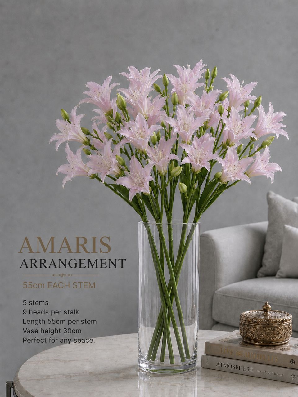 Elegant Amaris Arrangement with realistic floral detailing, home decor, garden, events