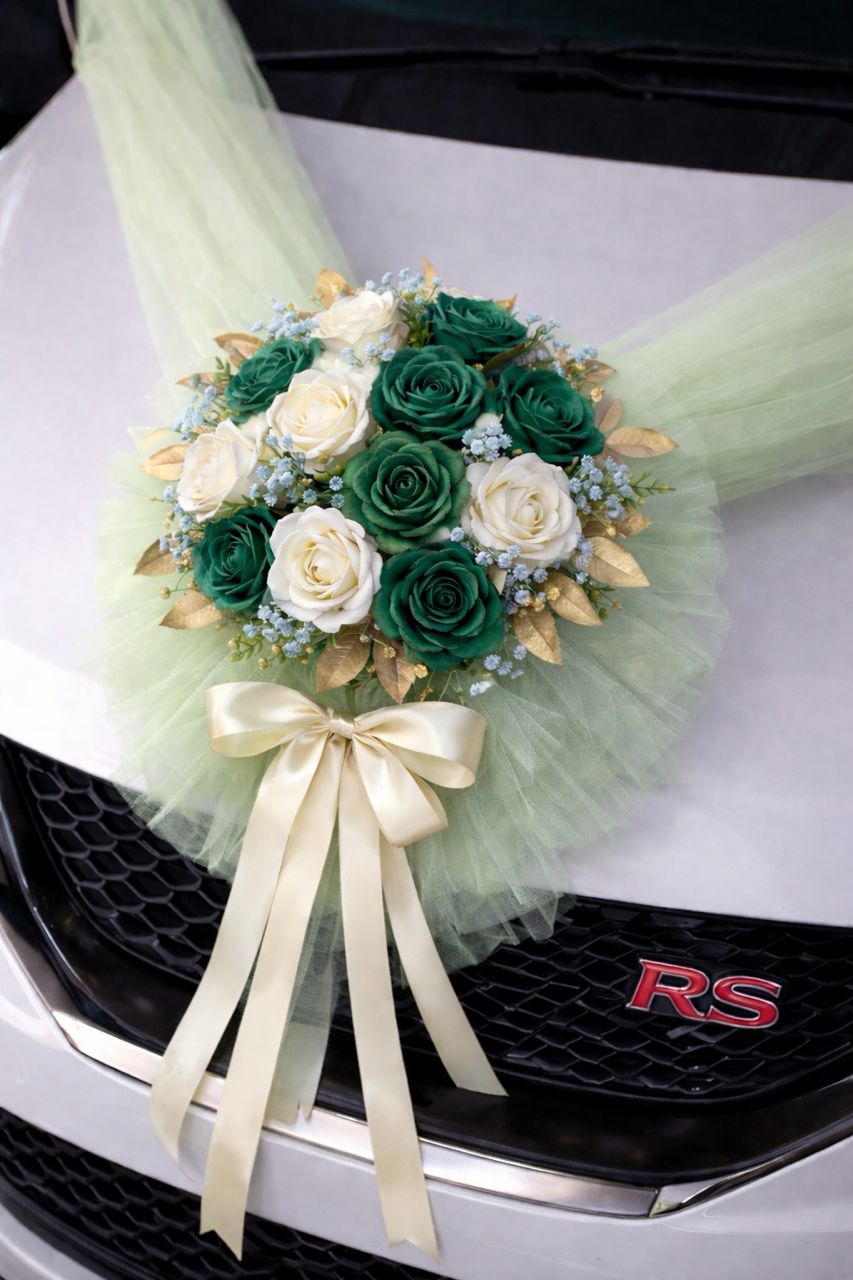 Handcrafted Bridal Wedding Car Decorations Front Bonnet Flowers Ribbon Flower Floral Silk Artificial Bouquet Centerpiece