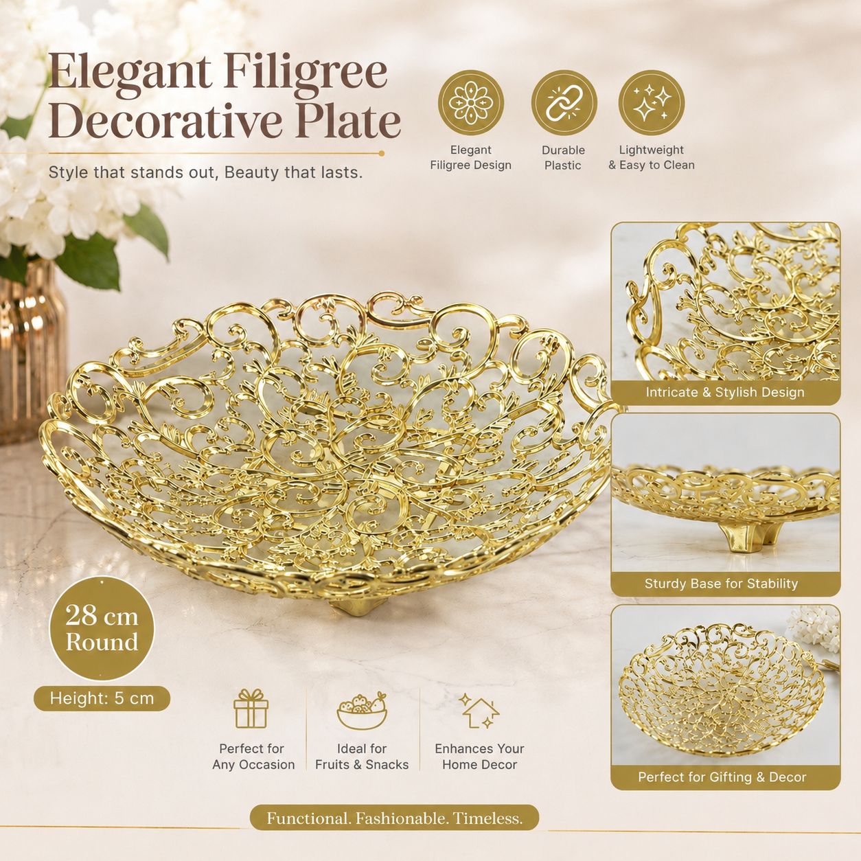 Gold wedding tray with floral accessories for event decoration, featuring elegant flower arrangements by Alton Flowers.