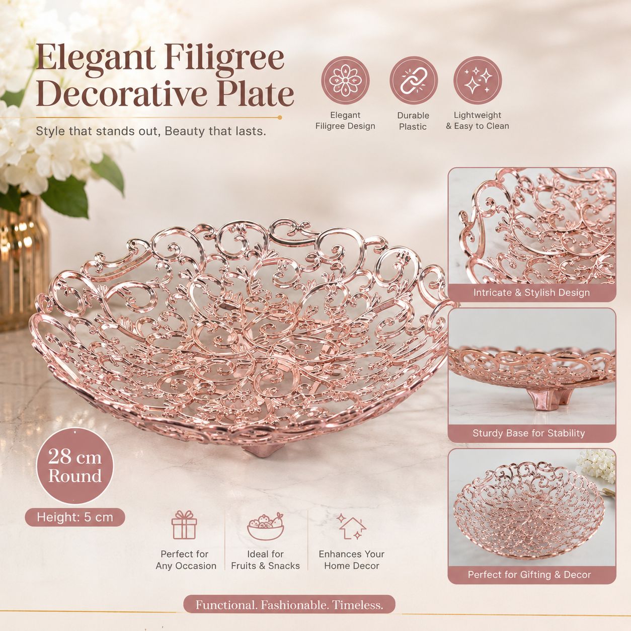 Alton Flowers wedding tray with pink roses and gold accents for floral accessories and event decoration.