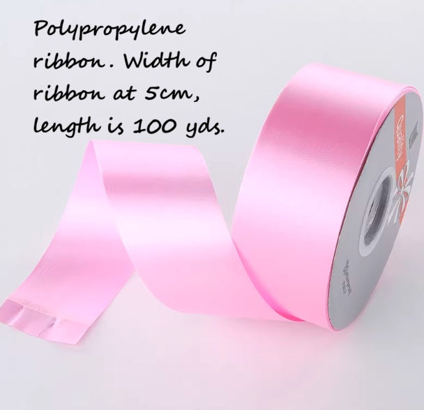 Pink polypropylene ribbon for wedding and event decor, 5cm wide, 100 yards long, from Alton Flowers N Gifts.