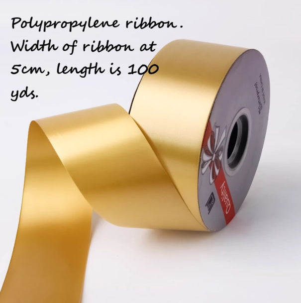Gold polypropylene ribbon for weddings and events, 5cm wide and 100 yards long, from Alton Flowers N Gifts.