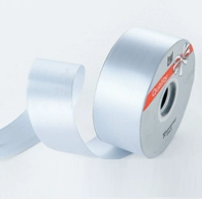 Silver polypropylene ribbon for weddings and events, 5cm wide and 100 yards long, ideal for decor and craft projects.